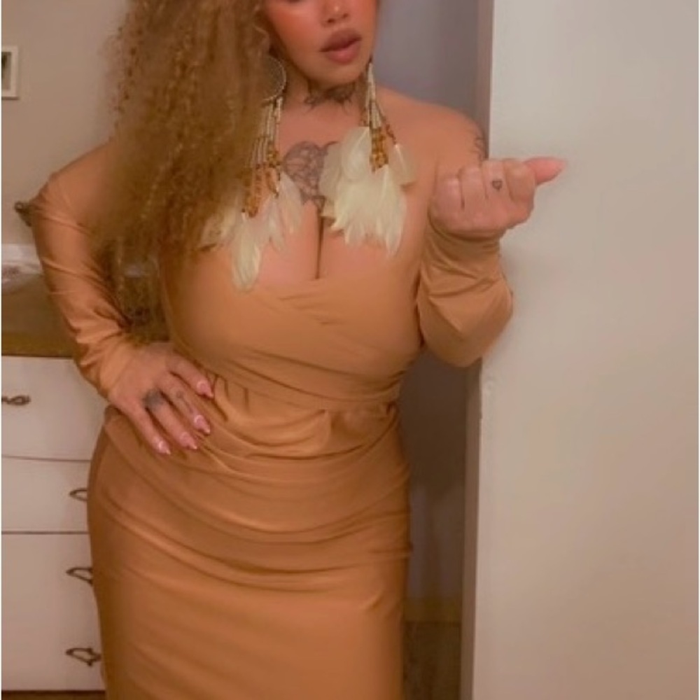 Elegant Tan Long-Sleeve Dress with Feather Earrings